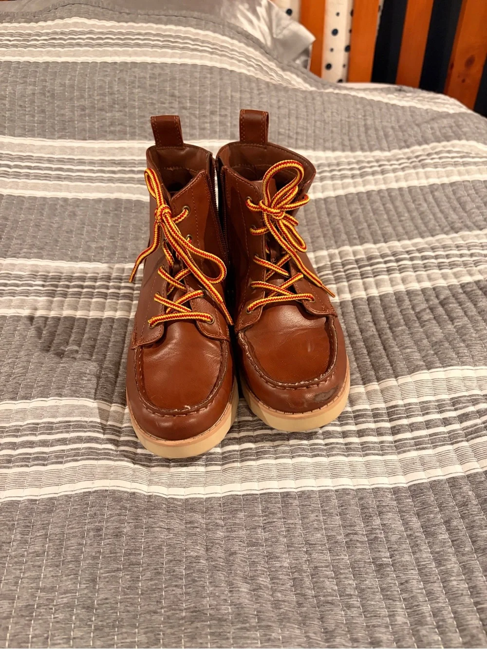 Cat & Jack Brown Size 2 Leather Kids' Boots with Yellow-Red Laces